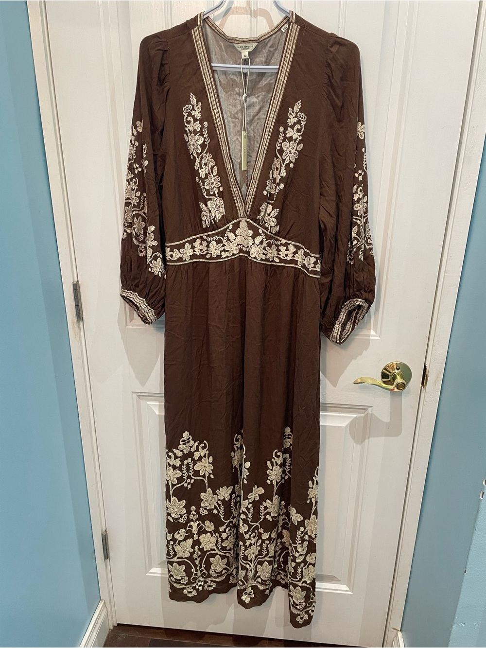 Max Studio Brown Maxi Dress with Cream Floral Embroidery